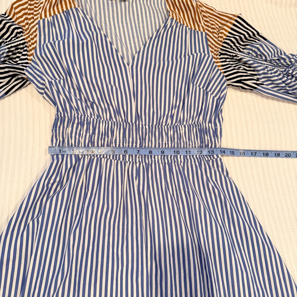 LOFT Striped Midi Dress Tie Puff Sleeve Blue Tan Minimalist Women's Dress MP - Picture 10 of 11